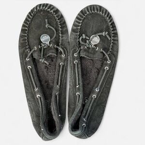 Coach Antonia Black Signature Suede Moccasin Slippers Sherpa Lined Size 11B